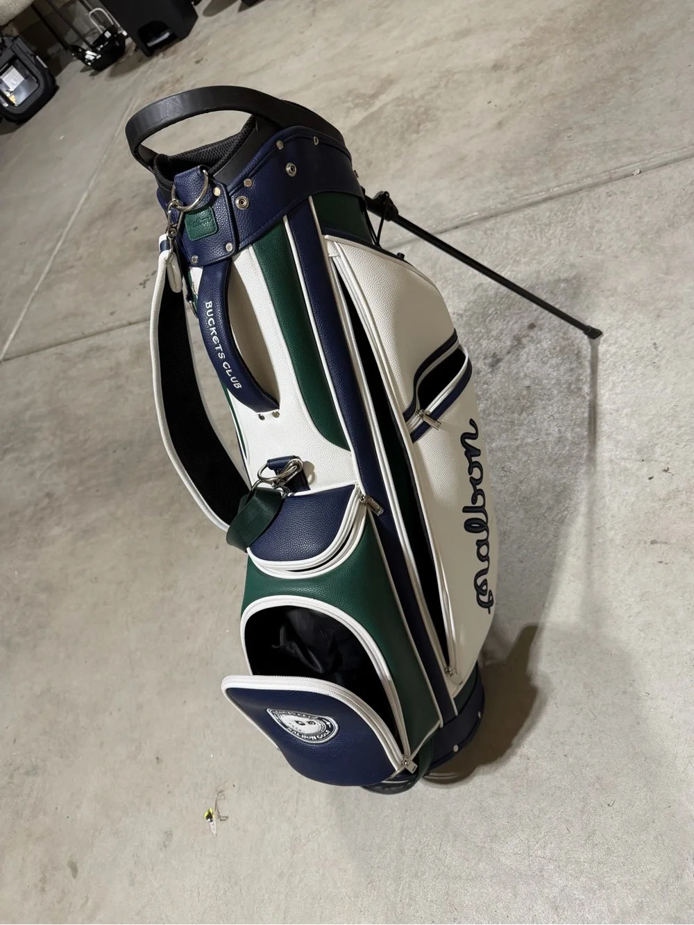 Malbon Golf Buckets Club Stand Bag Green Navy White + Rain Cover